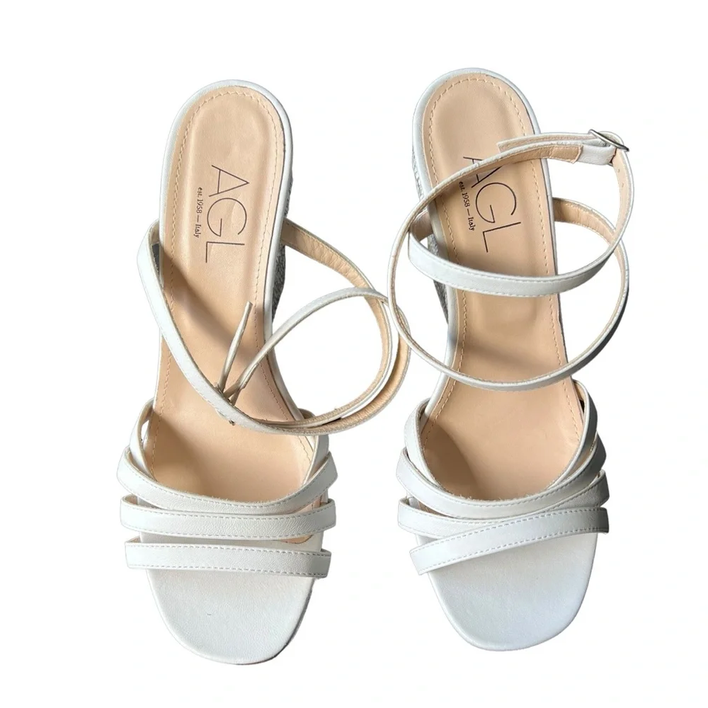 Agl Shoes Dora White Leather Ankle Strap Raffia Wedge Heel Sandals Women’s SZ 10